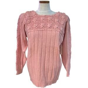 NWT Vintage Western Connection Pink Crochet Rosette Knit Sweater M Cottagecore